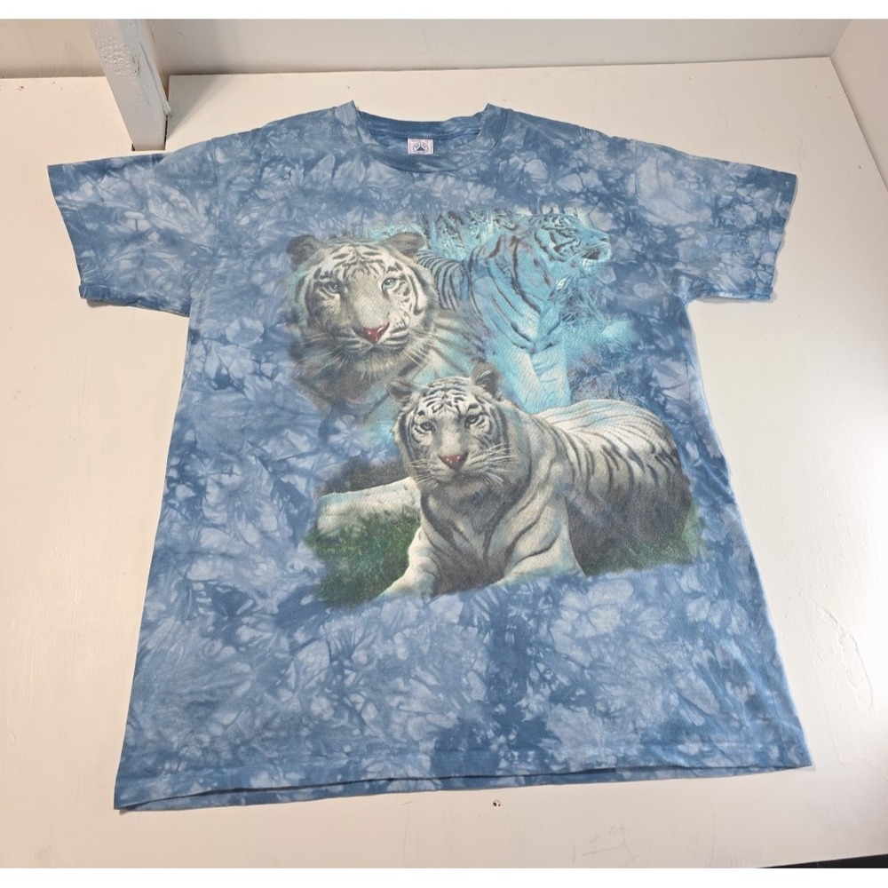 Y2k Tie Dye White Tiger T Shirt Men's‎ Medium 90s Delta Pro Weight Nature Grunge